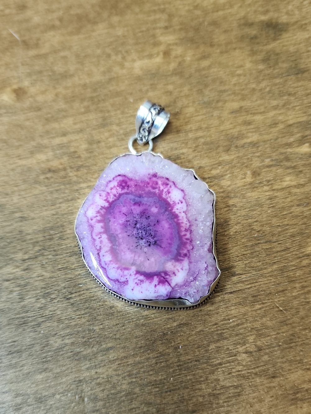 Pink Agate Geode Pendant Necklace -